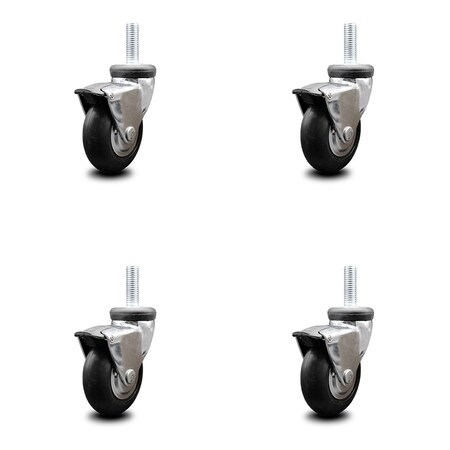 Service Caster 3 Inch Hooded Neoprene Rubber 1/2 Inch Threaded Stem Casters with Brakes SCC, 4PK SCC-TS03S310-NPRB-BC-B-121315-4